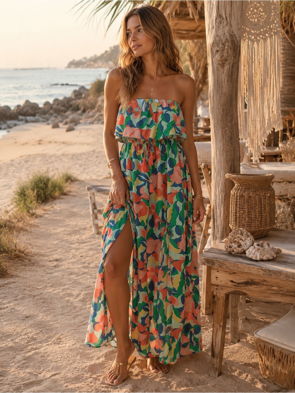 Japna Strapless Tropical Print Maxi Dress in Green & Coral